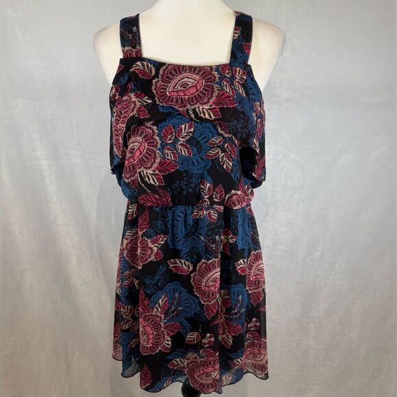 Iz Byer Dresses & Skirts - Black blue and pink print ruffle top sundress size medium